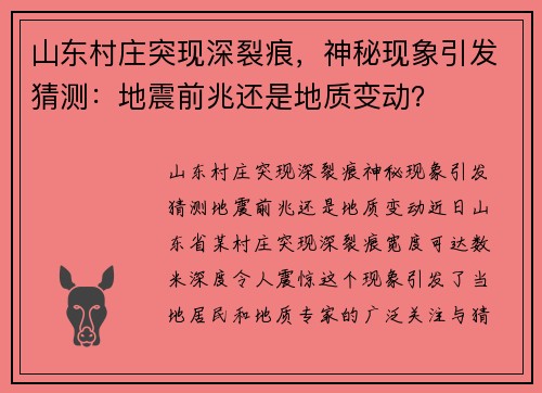 山东村庄突现深裂痕，神秘现象引发猜测：地震前兆还是地质变动？