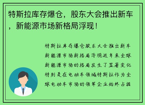 特斯拉库存爆仓，股东大会推出新车，新能源市场新格局浮现！