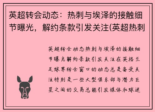 英超转会动态：热刺与埃泽的接触细节曝光，解约条款引发关注(英超热刺比赛推迟)