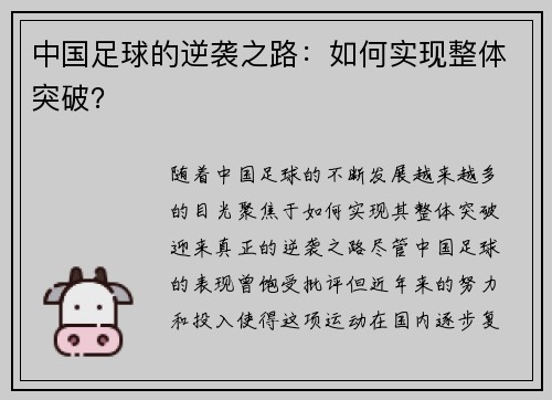 中国足球的逆袭之路：如何实现整体突破？