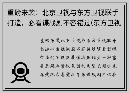 重磅来袭！北京卫视与东方卫视联手打造，必看谍战剧不容错过(东方卫视北京卫视合作)